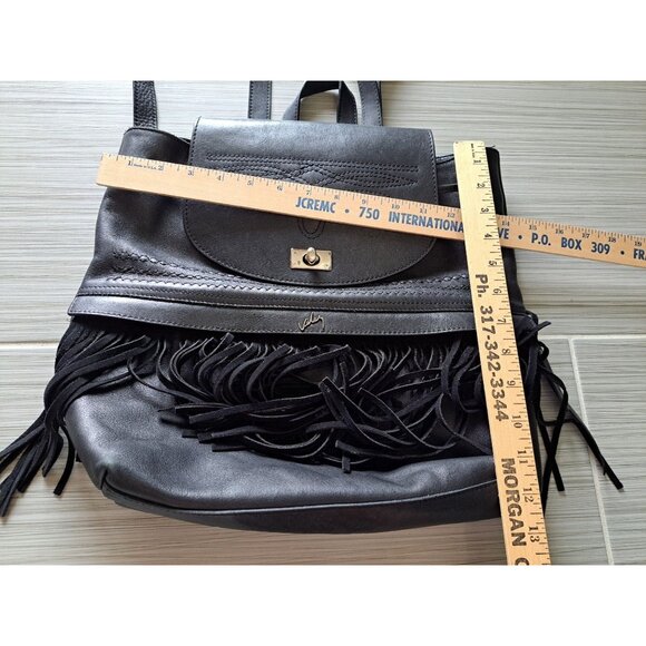 Valez Black Fringe Leather Backpack Embroidered Flap Turn-Lock Closure Large - Picture 8 of 16